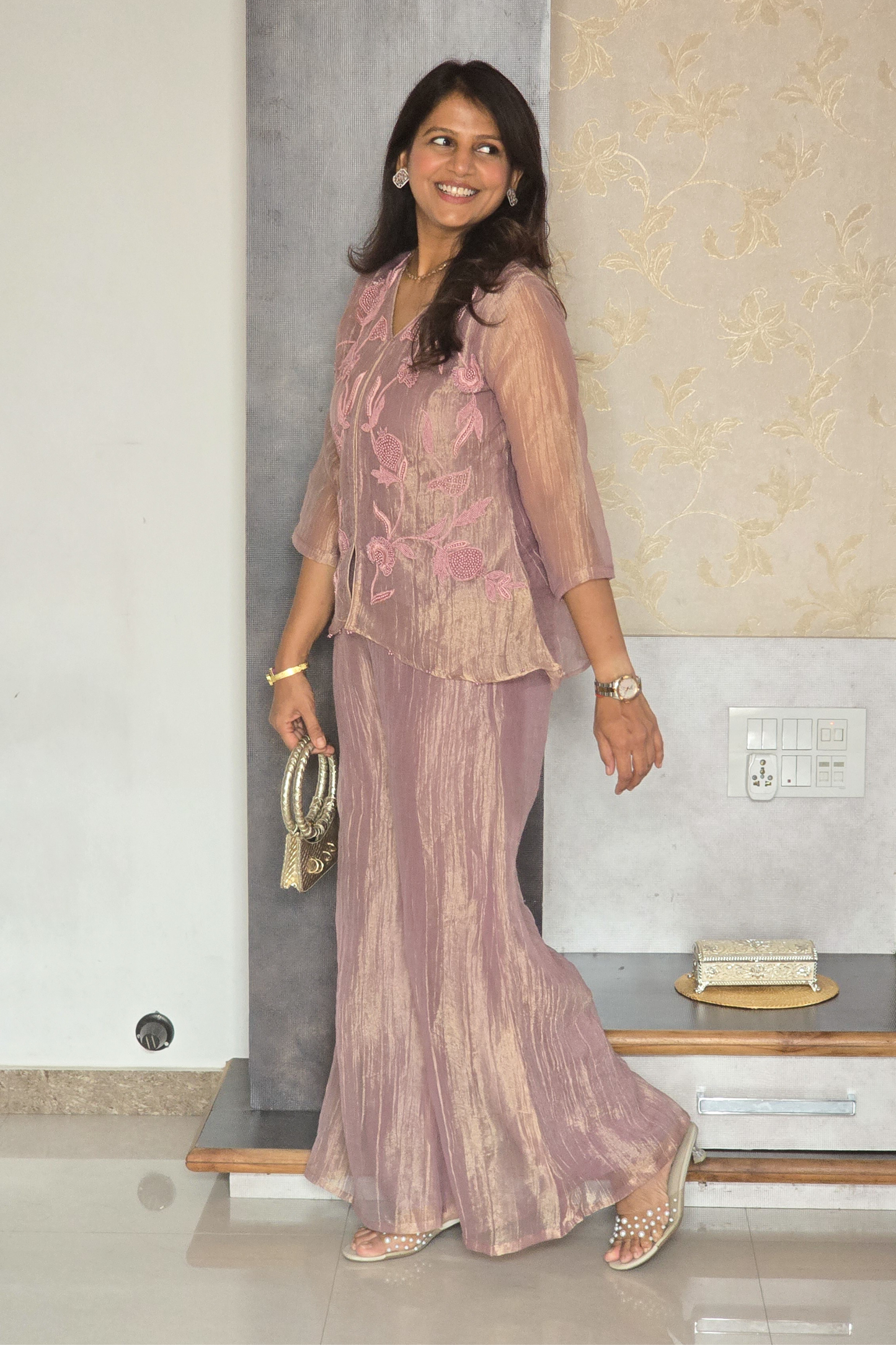 Peach Tissue Moti Indowestern Set