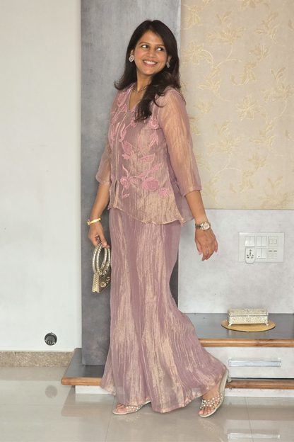 Peach Tissue Moti Indowestern Set
