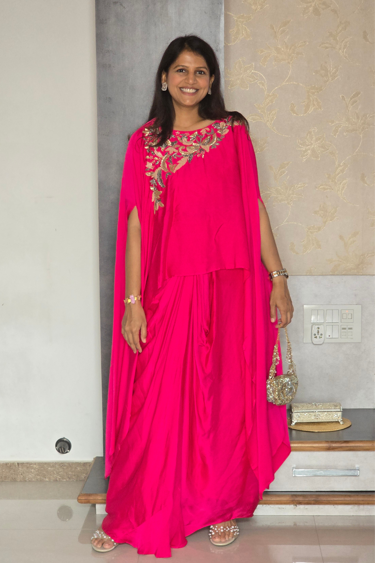 Pink Sitara Cape With Skirt Set