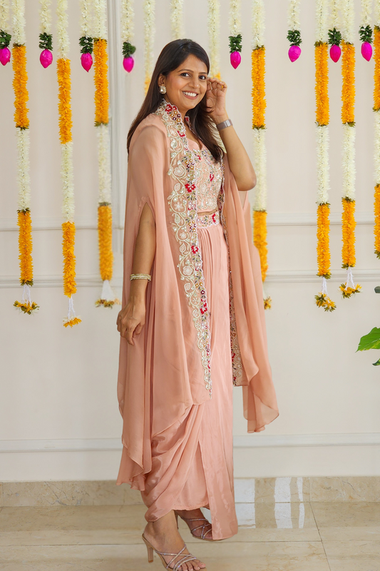 Peach White Indowestern Set
