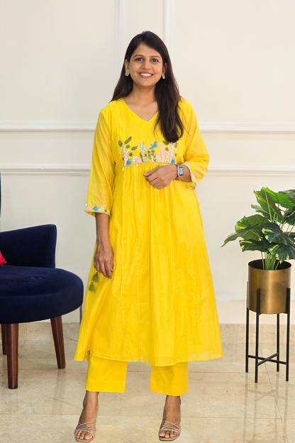 Yellow Garden Mul Chanderi Kurta Set