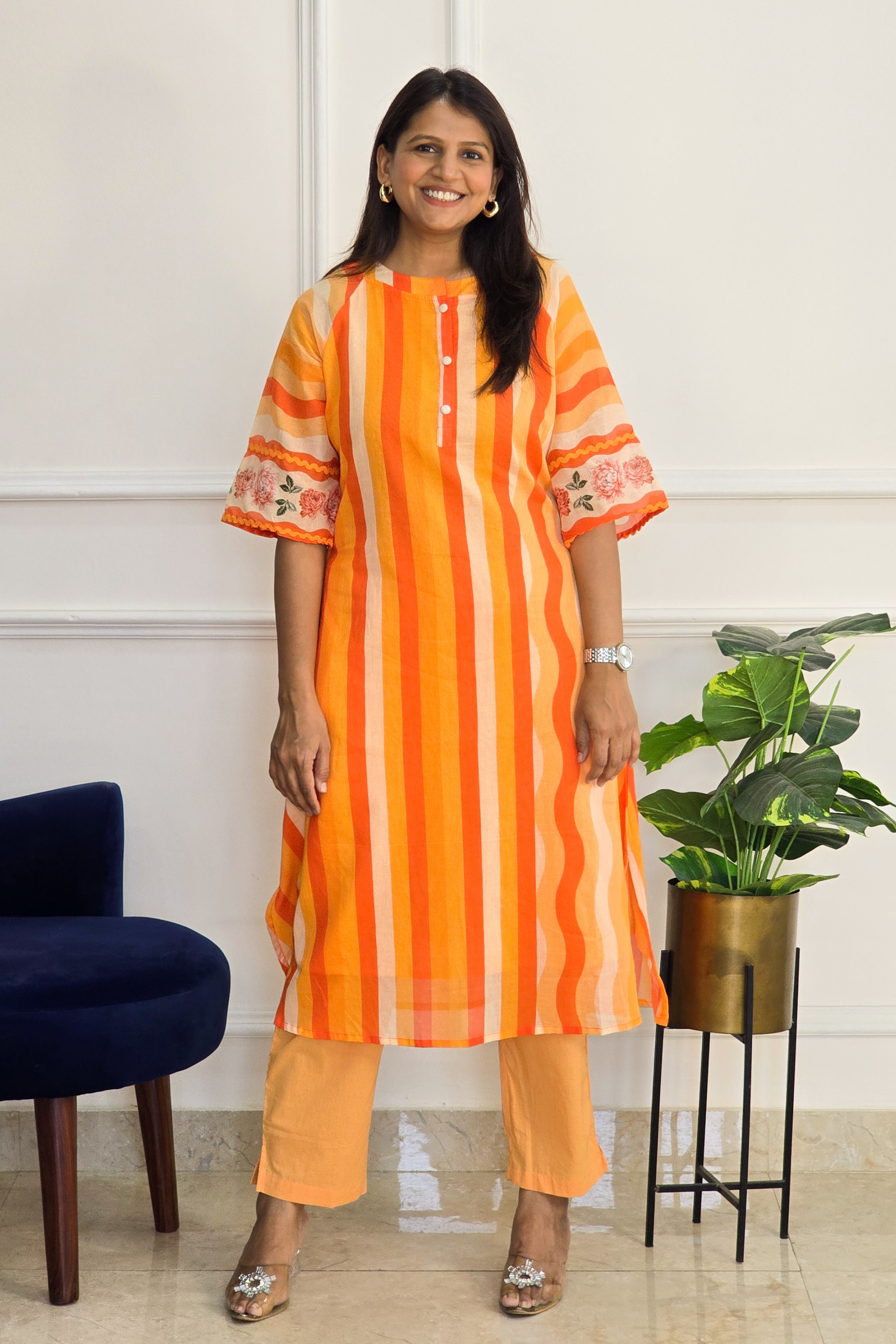 Mul orange stripe kurta set - PinkTree by Shrutika