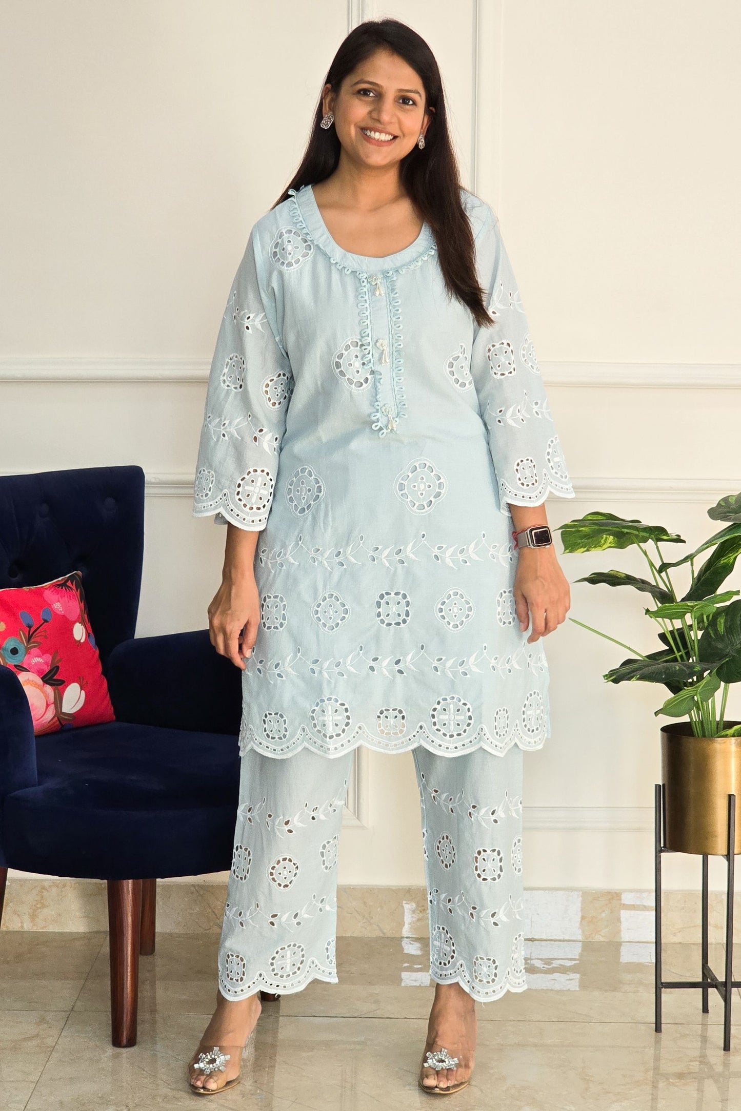 Sky Blue Schiffli Kurta Set - PinkTree by Shrutika