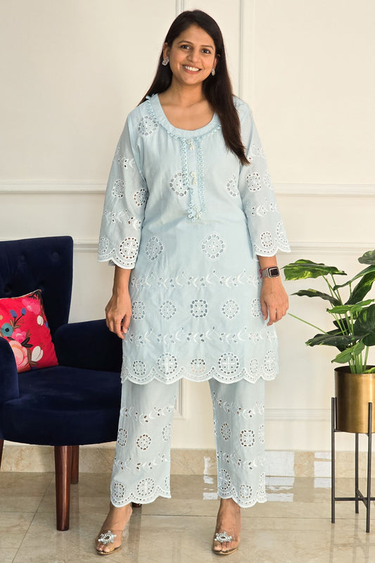 Sky Blue Schiffli Kurta Set