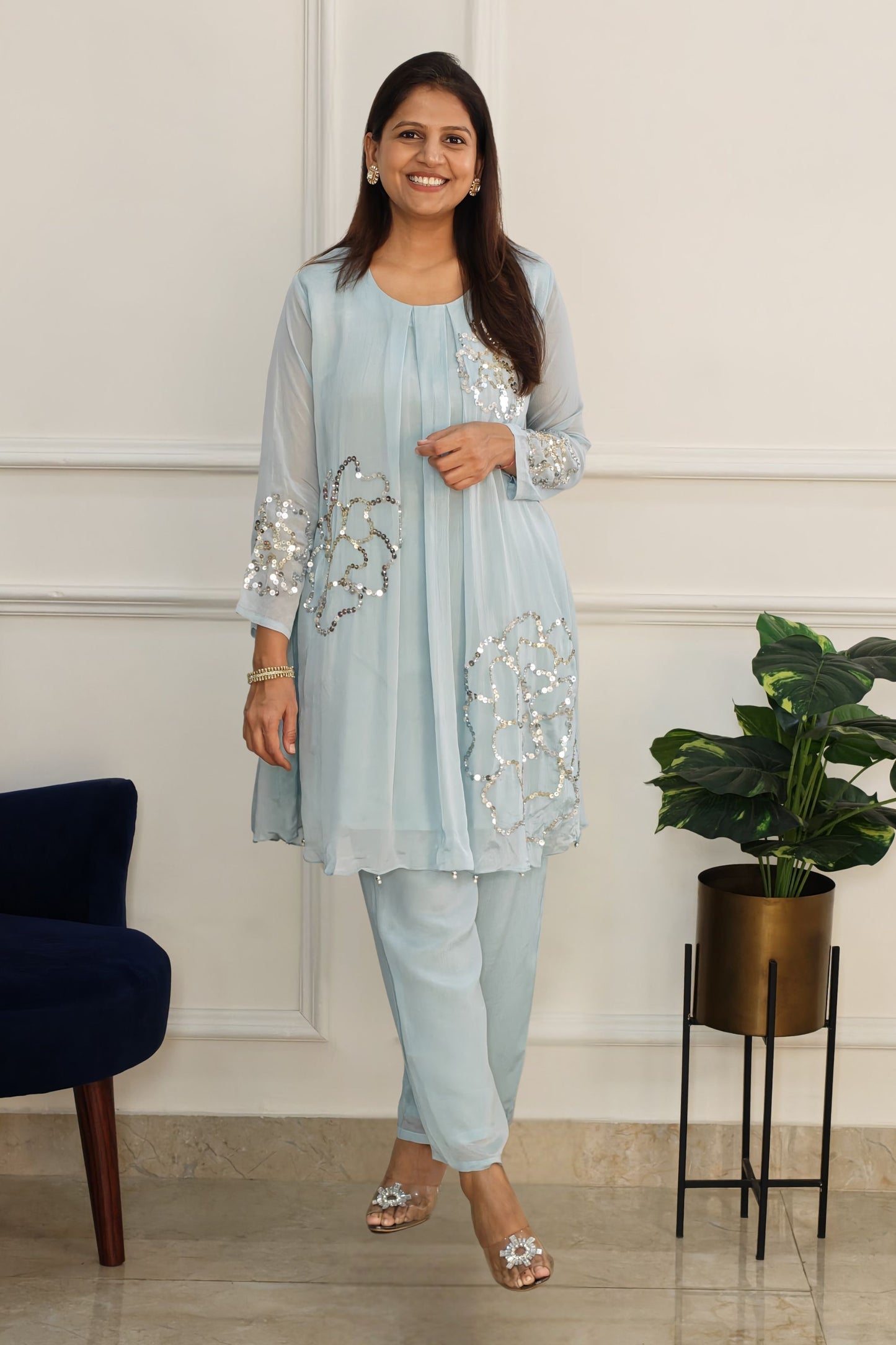 Sheen Tari Kurta and Pants Set (Blue)