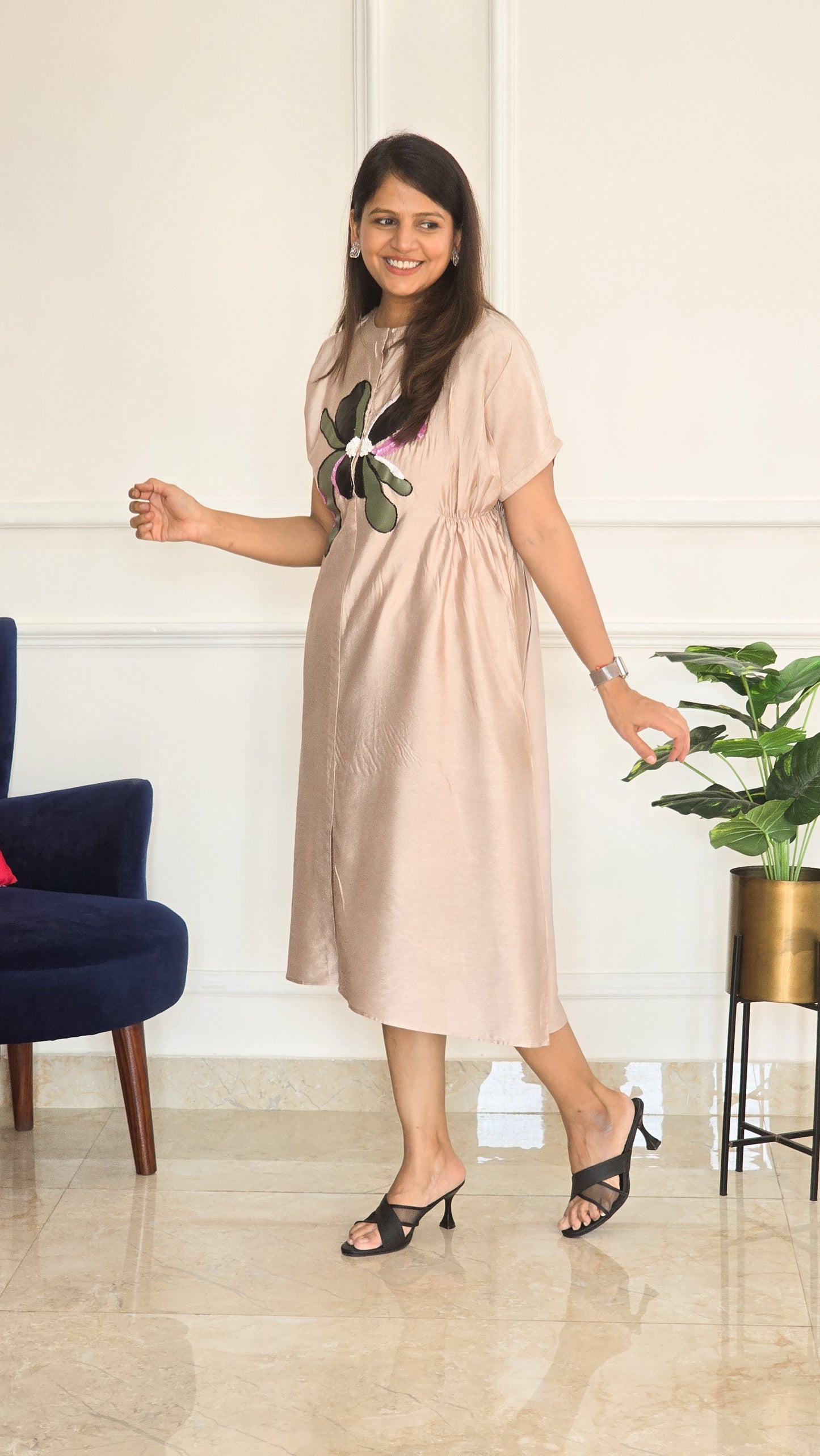 Beige Leather Applique Floral Tunic