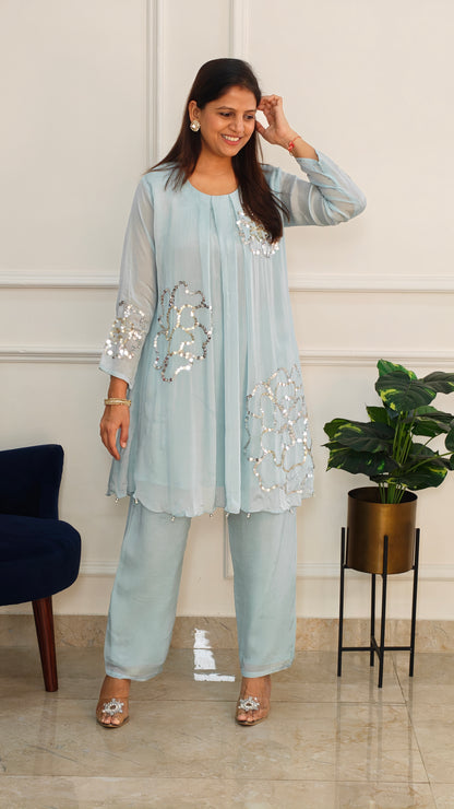 Sheen Tari Kurta and Pants Set (Blue)