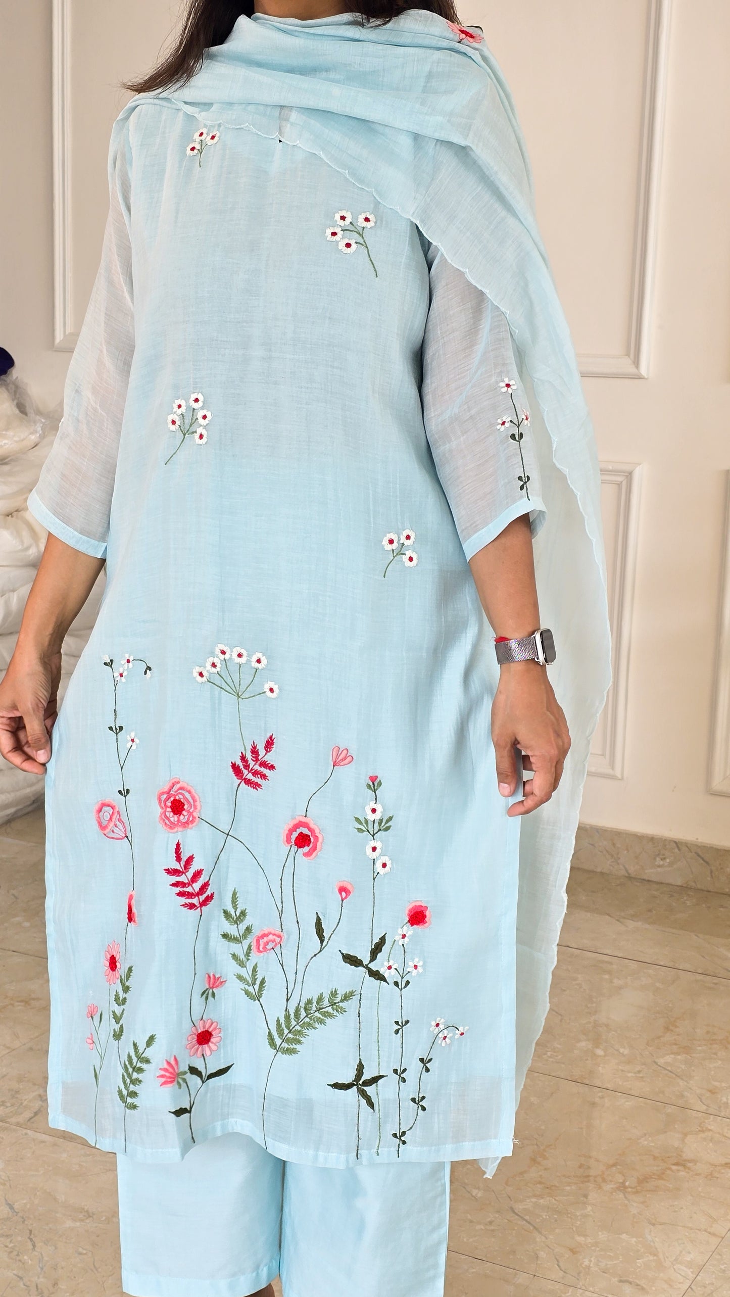 Blue Mul Embroidered Suit Set