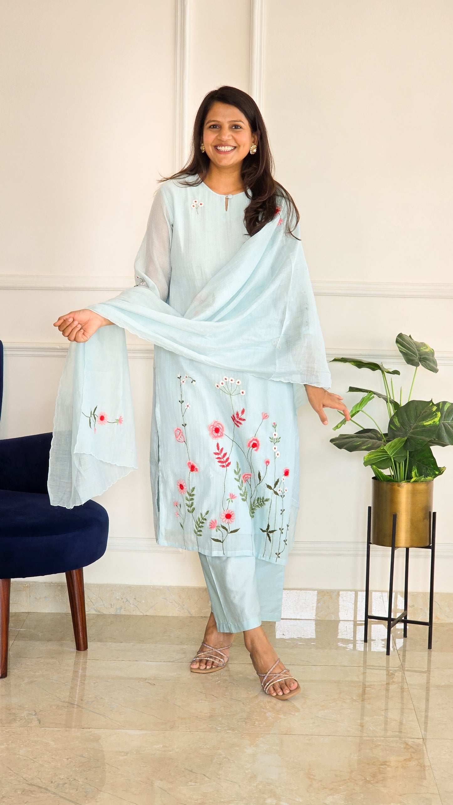 Blue Mul Embroidered Suit Set