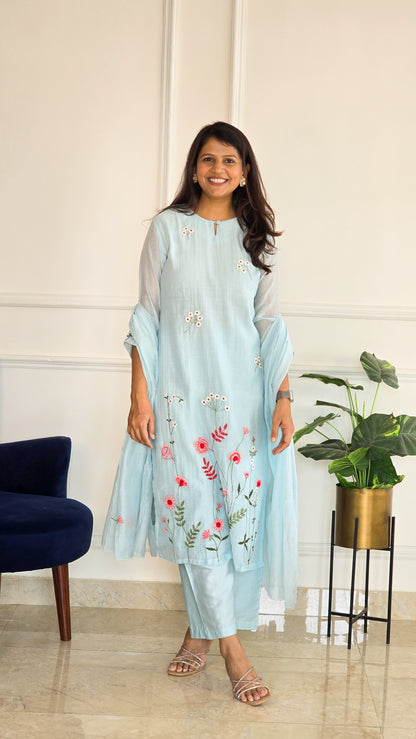 Blue Mul Embroidered Suit Set