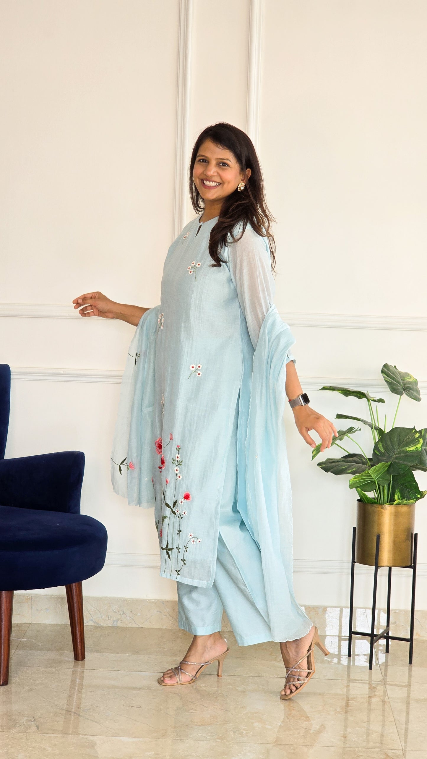 Blue Mul Embroidered Suit Set