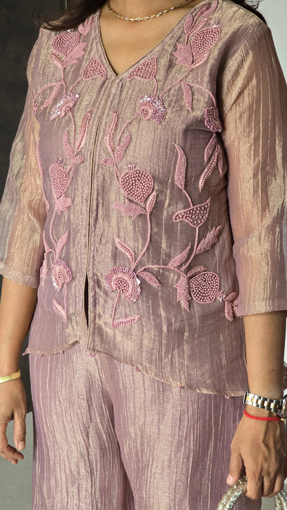 Peach Tissue Moti Indowestern Set