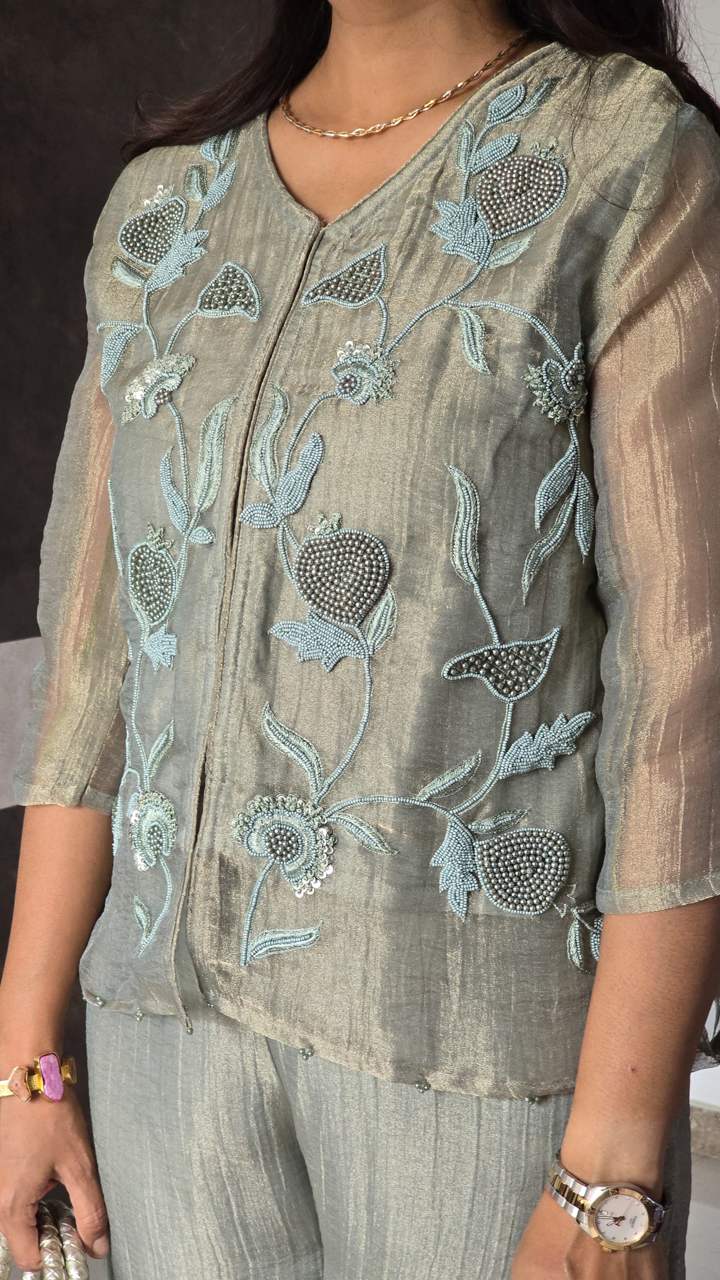 Green Tissue Moti Indowestern Set