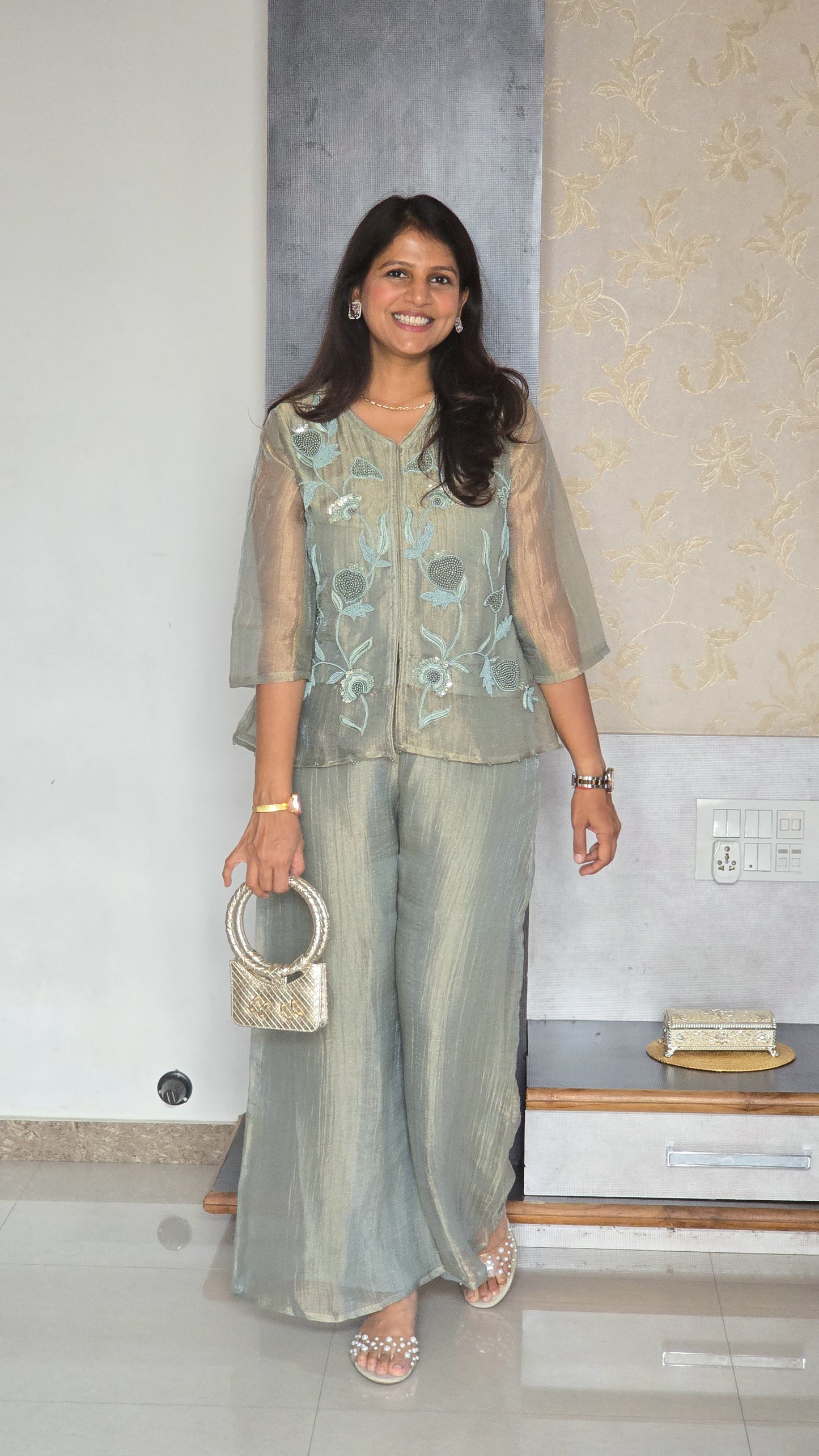 Green Tissue Moti Indowestern Set