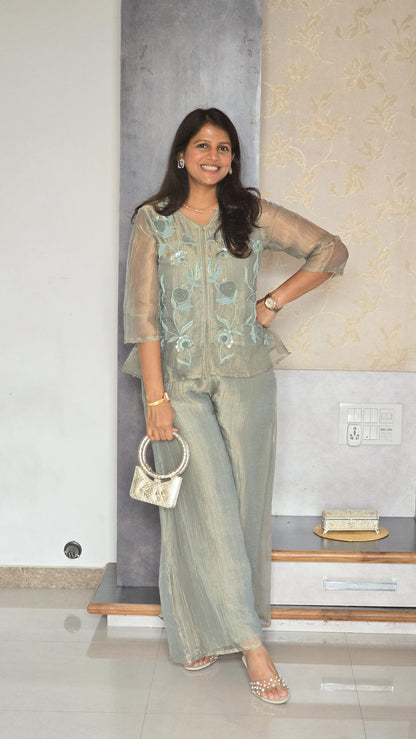 Green Tissue Moti Indowestern Set