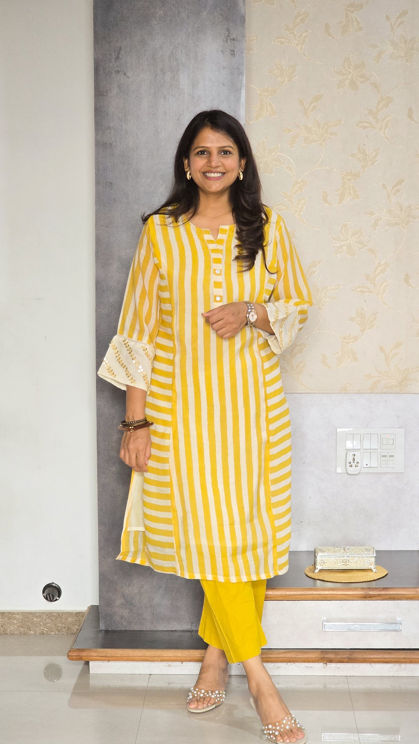 Yellow Stripe Chanderi Kurta Set