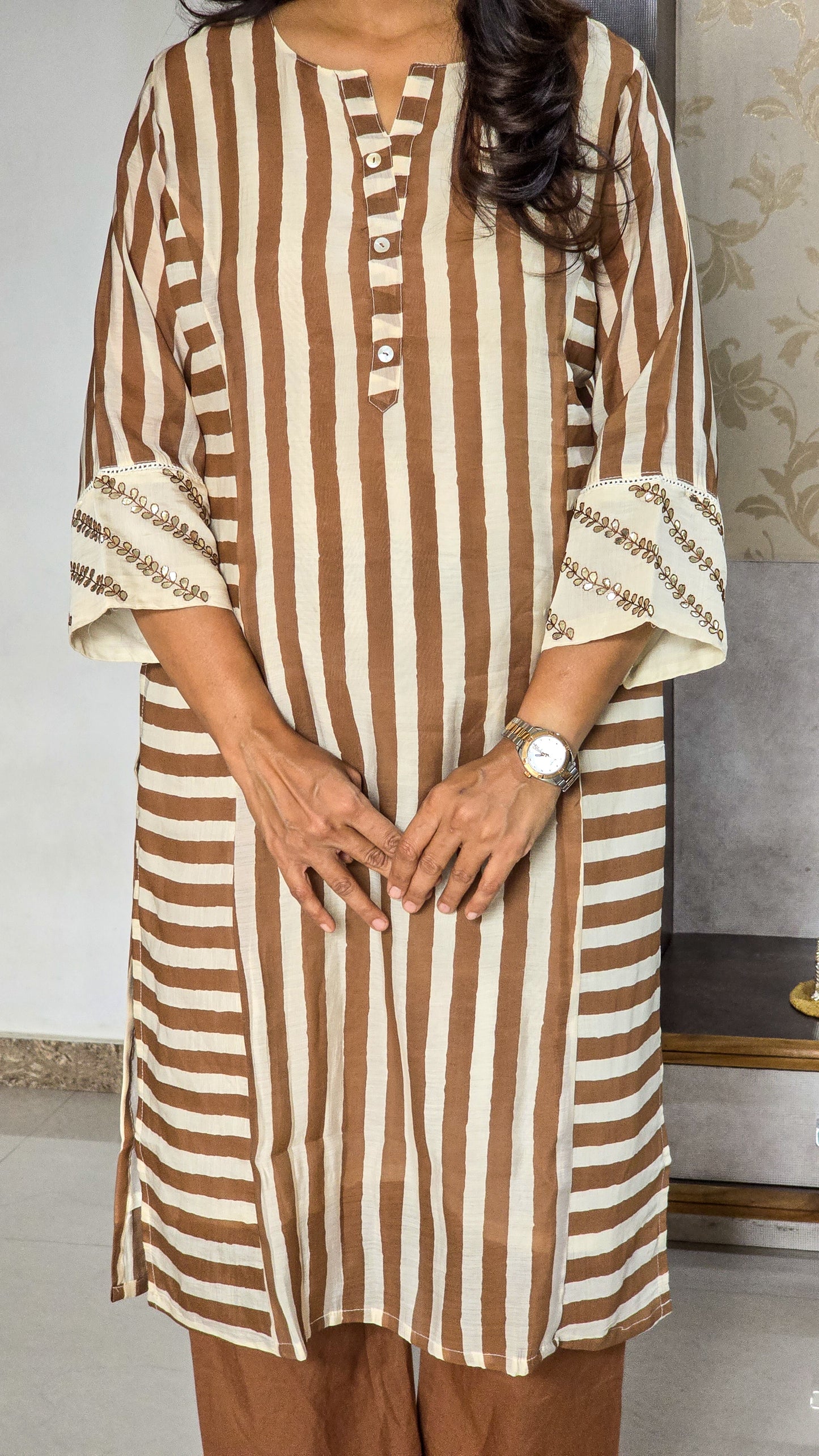 Brown Stripe Chanderi Kurta Set