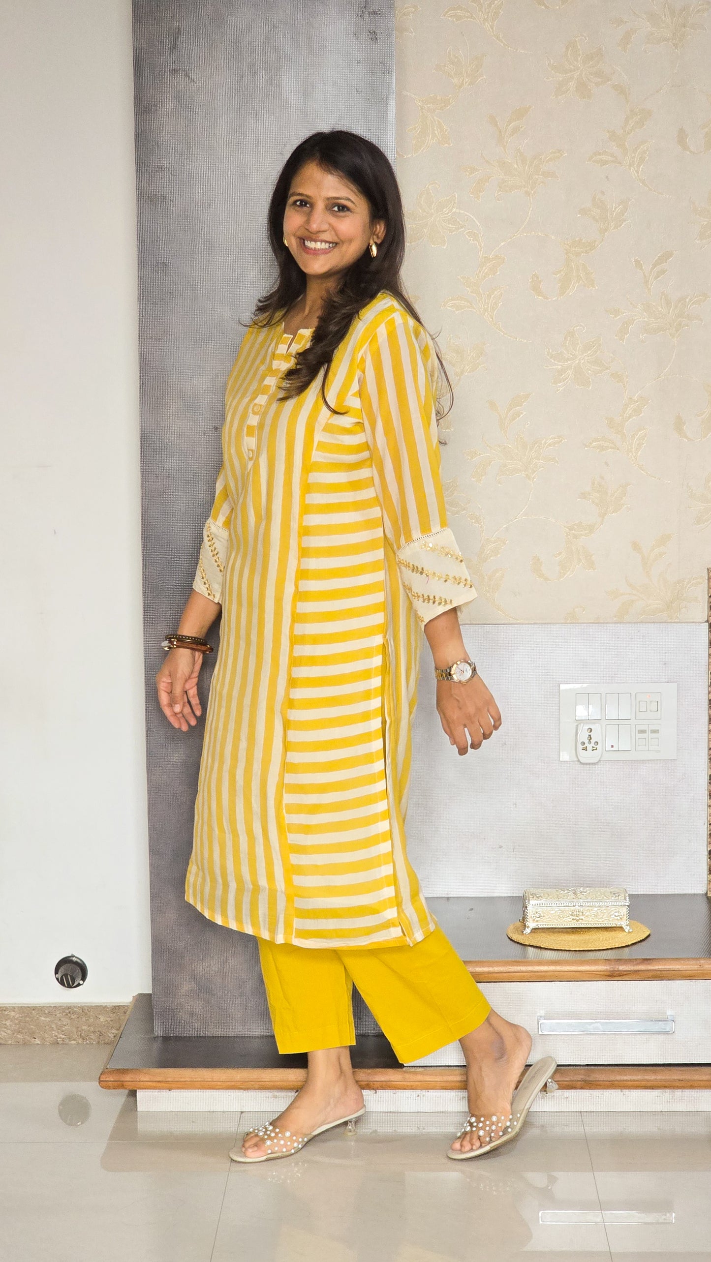 Yellow Stripe Chanderi Kurta Set