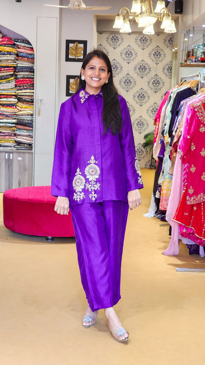 Purple Zardosi Hand Work Detailed Silk Co ord Set