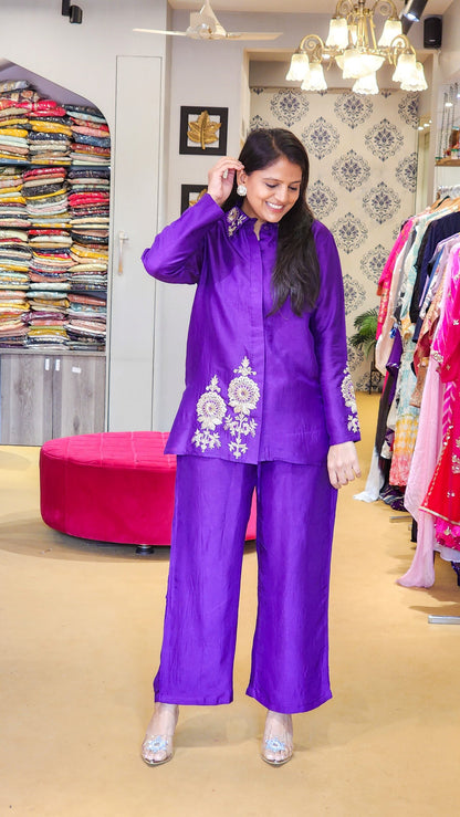 Purple Zardosi Hand Work Detailed Silk Co ord Set