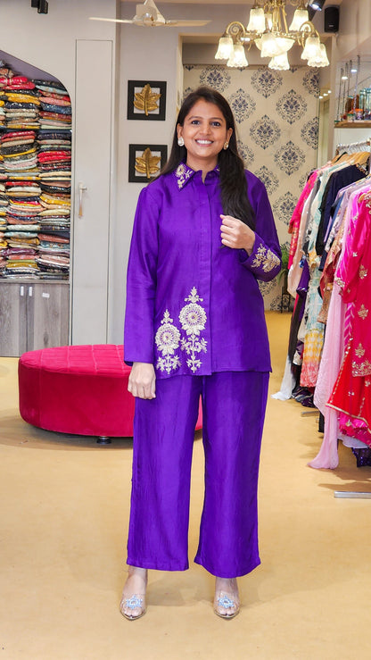 Purple Zardosi Hand Work Detailed Silk Co ord Set
