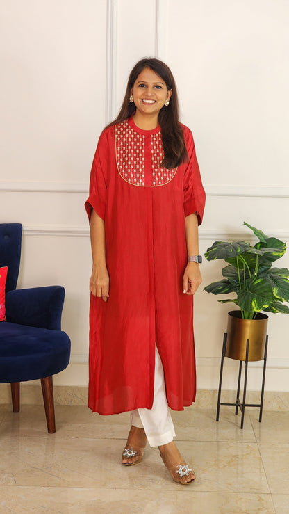Cherry Red Mirror Yoke Kaftan Set
