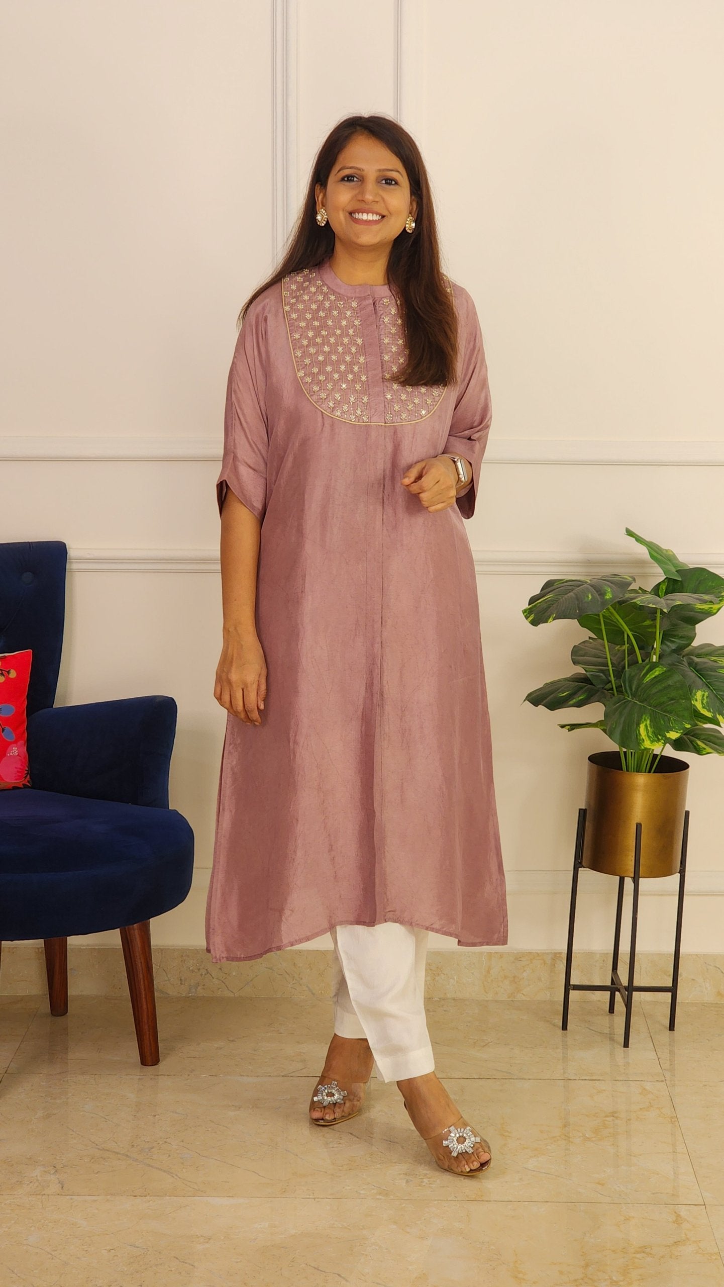 Dove Grey Mirror Yoke Kaftan Set