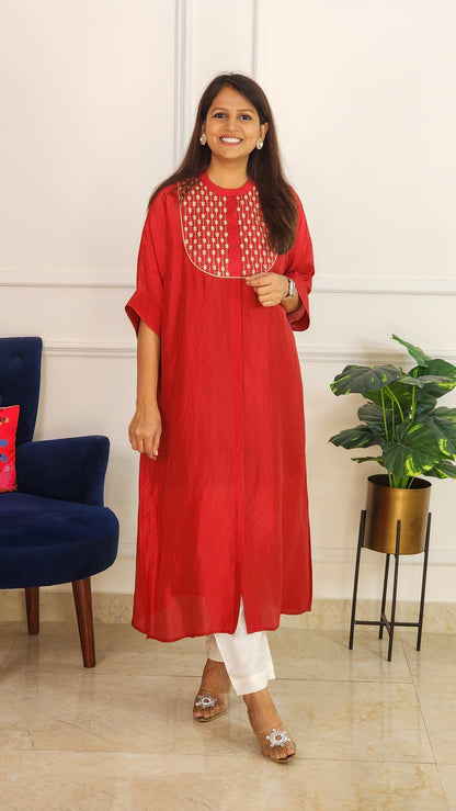 Cherry Red Mirror Yoke Kaftan Set