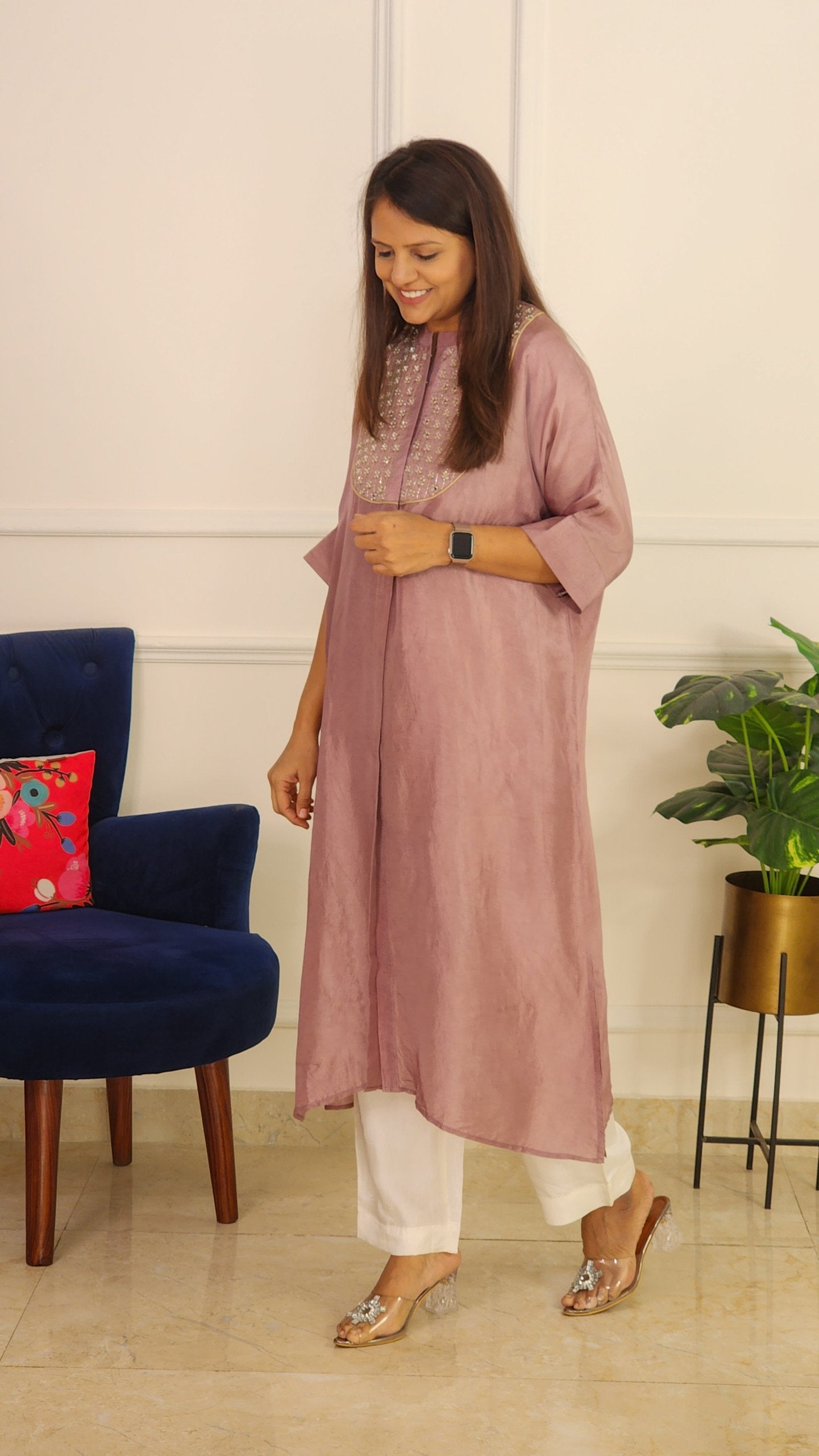 Dove Grey Mirror Yoke Kaftan Set