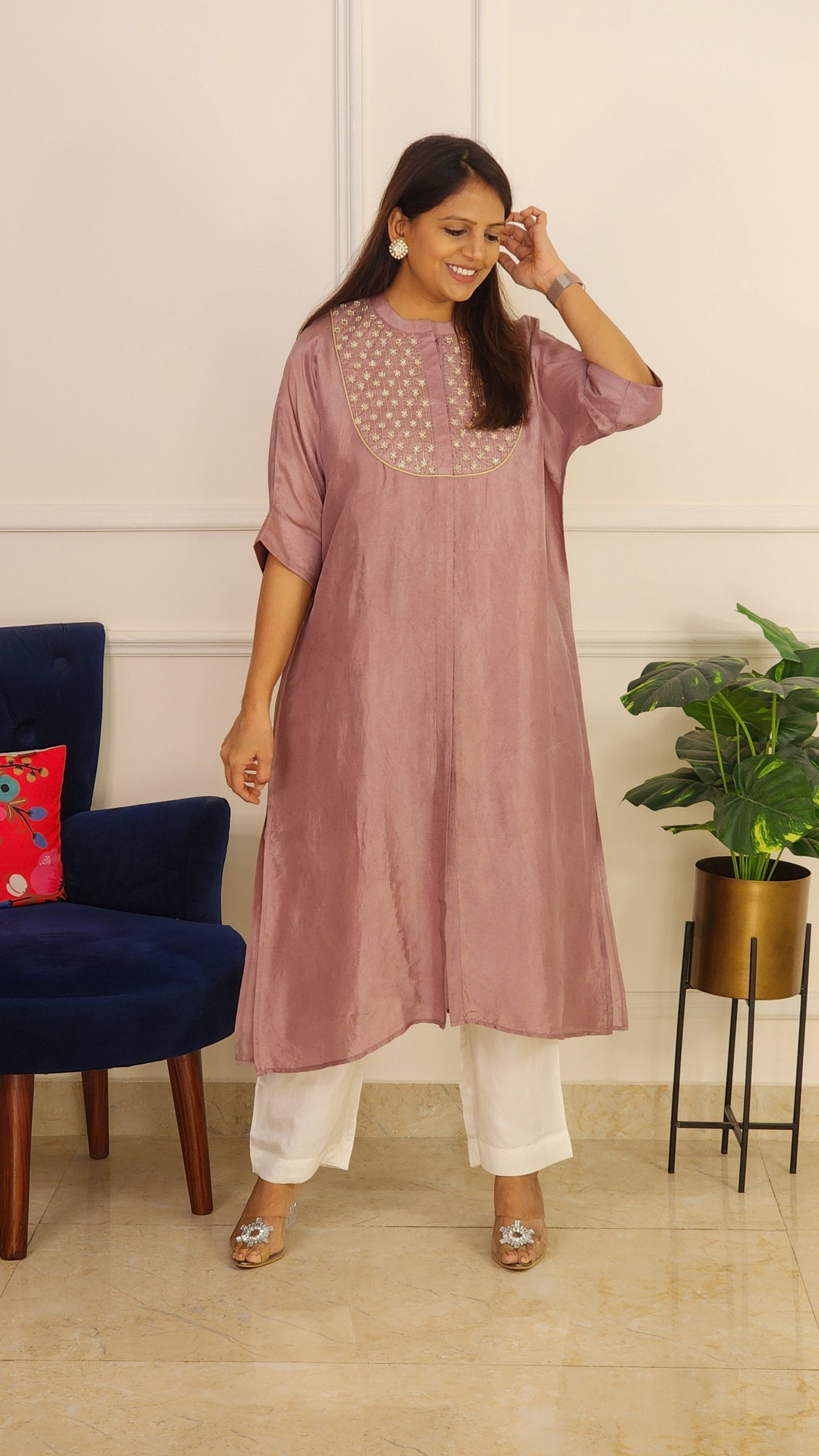 Dove Grey Mirror Yoke Kaftan Set