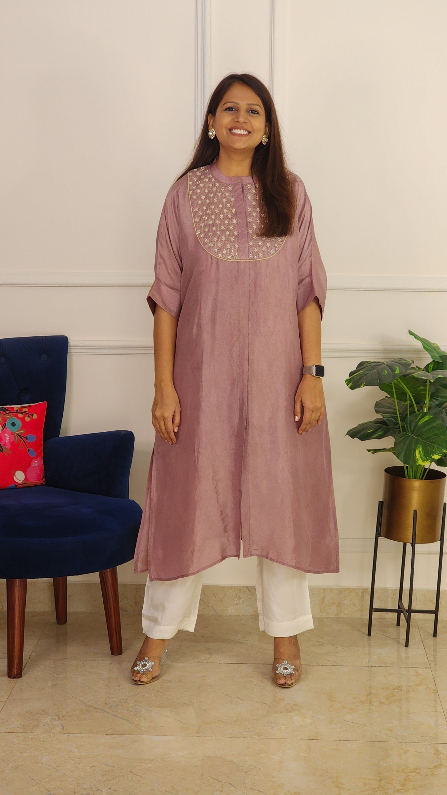 Dove Grey Mirror Yoke Kaftan Set