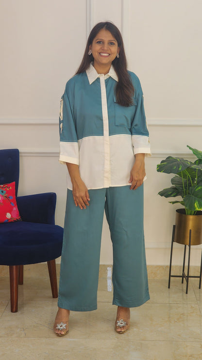 Turquoise Cotton Satin Solid Co Ord Set