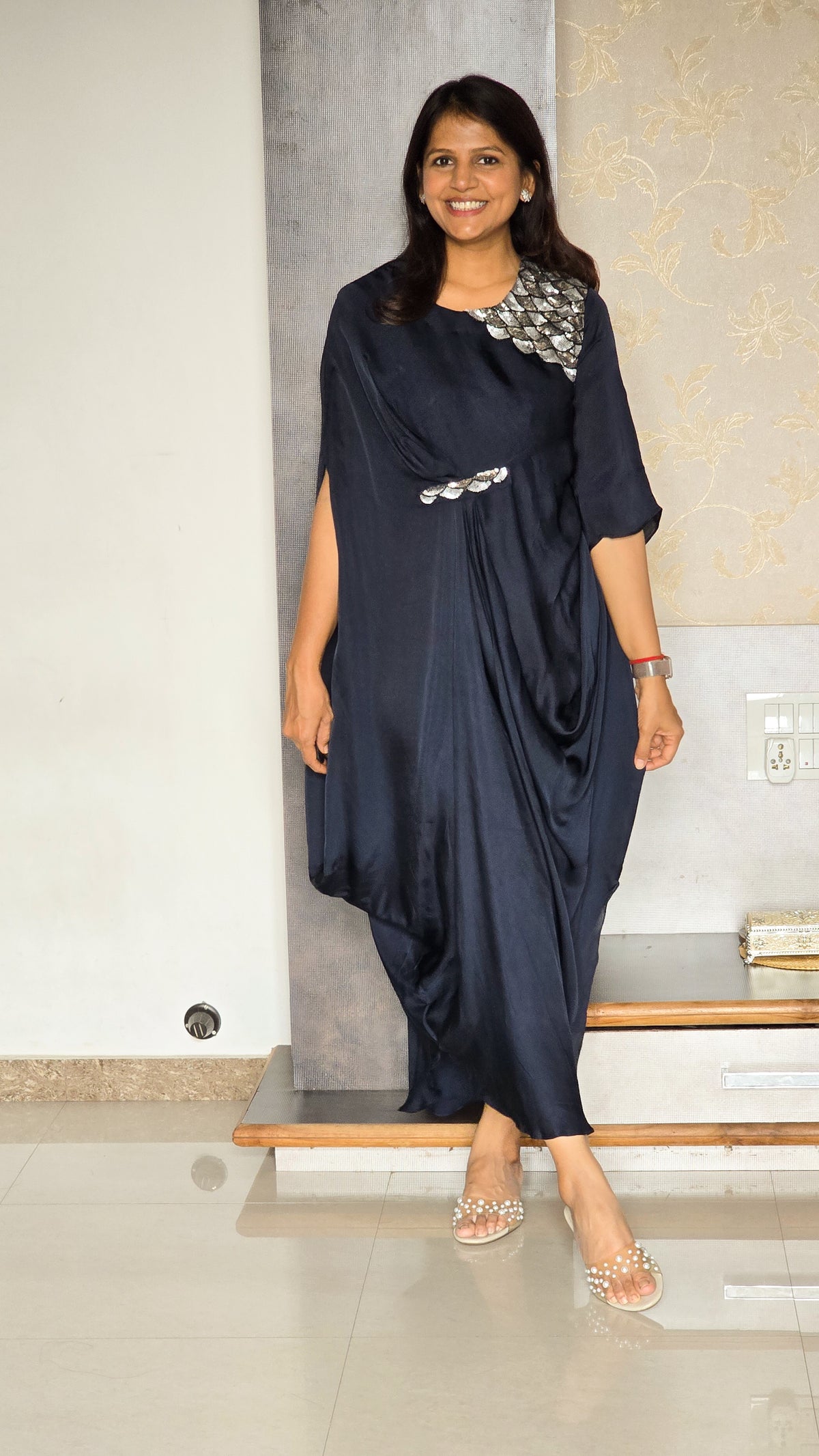 Dark Blue Embellished Drape Dress