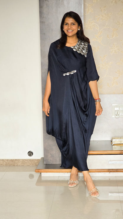 Dark Blue Embellished Drape Dress