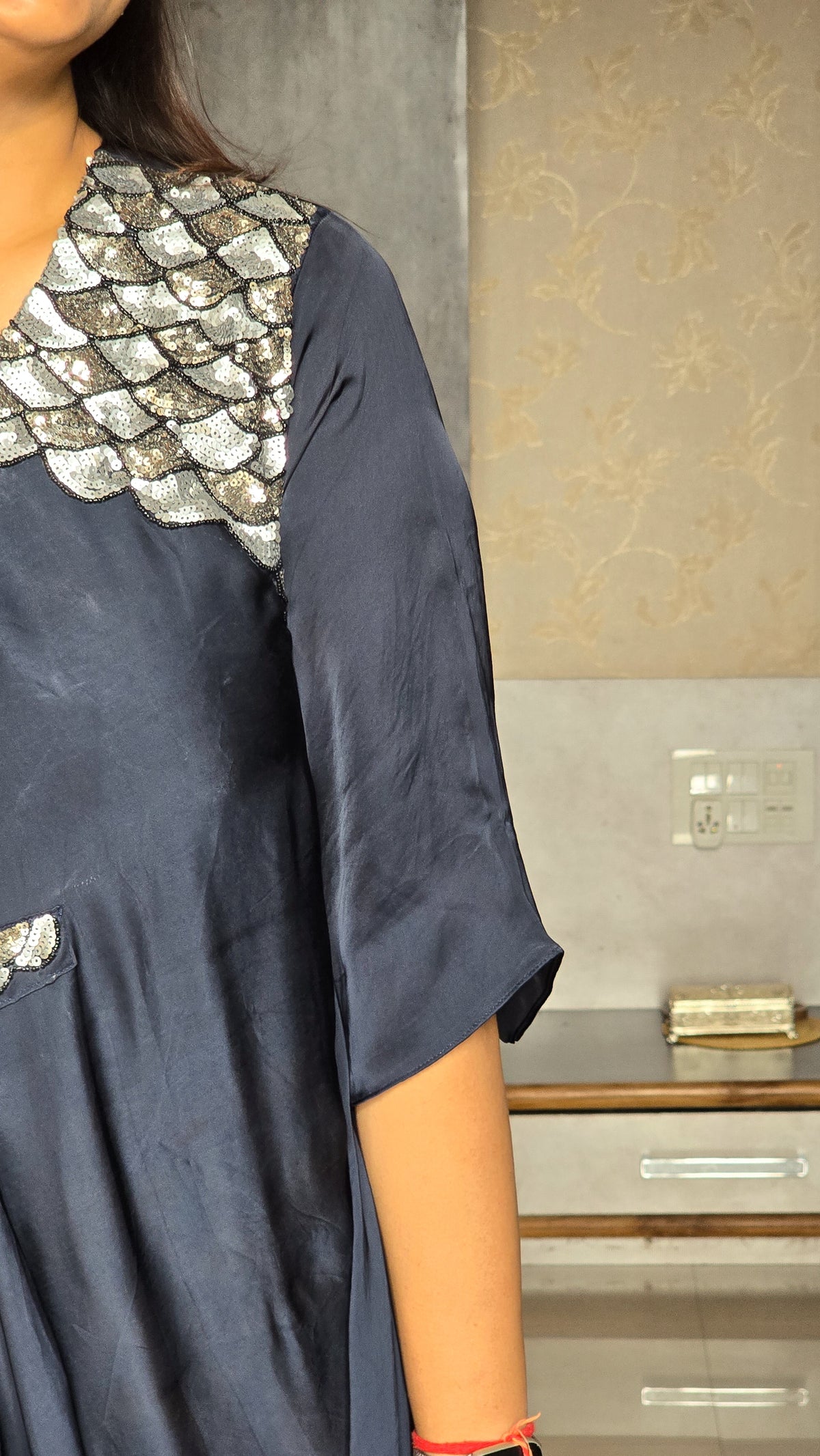 Dark Blue Embellished Drape Dress