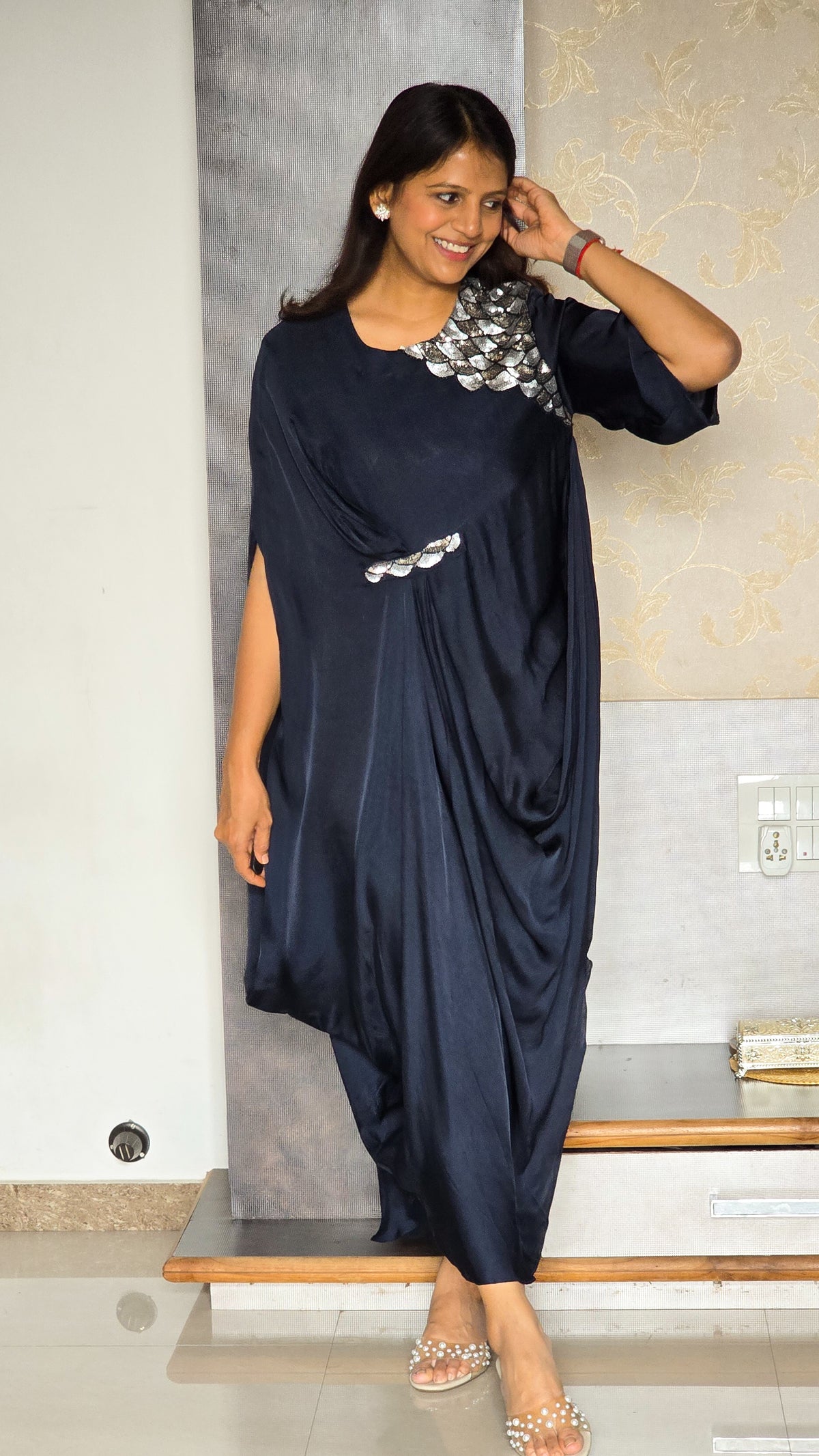 Dark Blue Embellished Drape Dress
