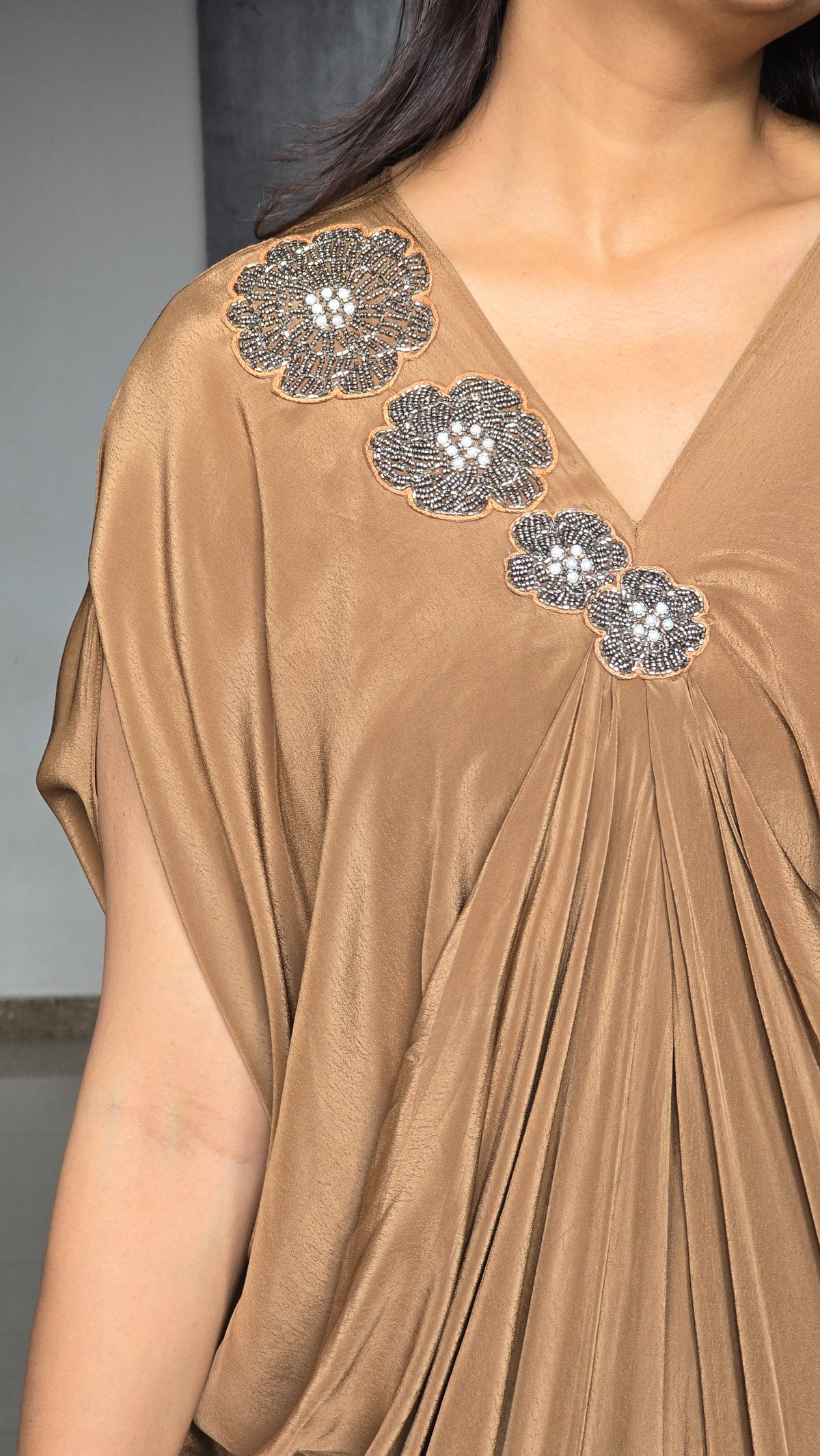 Brown Kaftan with Flower Embellishment