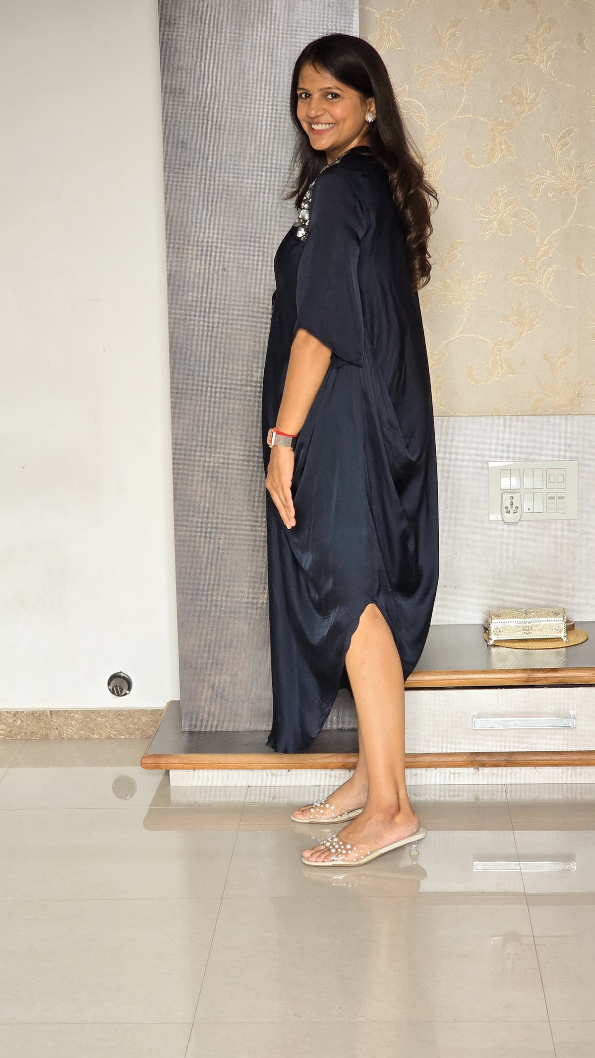 Dark Blue Embellished Drape Dress