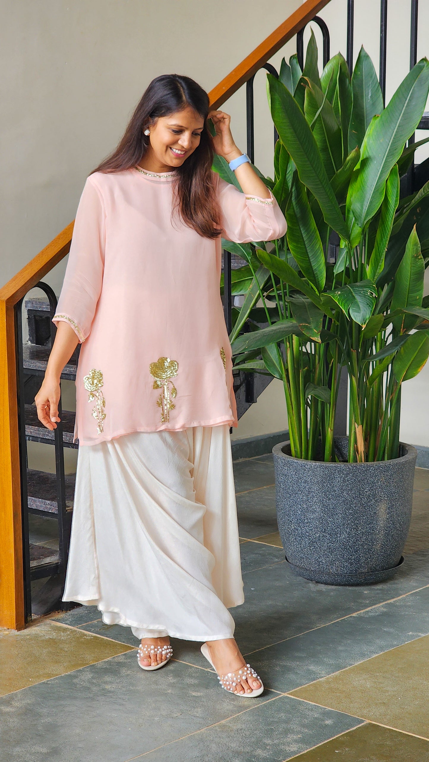Pink Organza kurta with Loose Pants