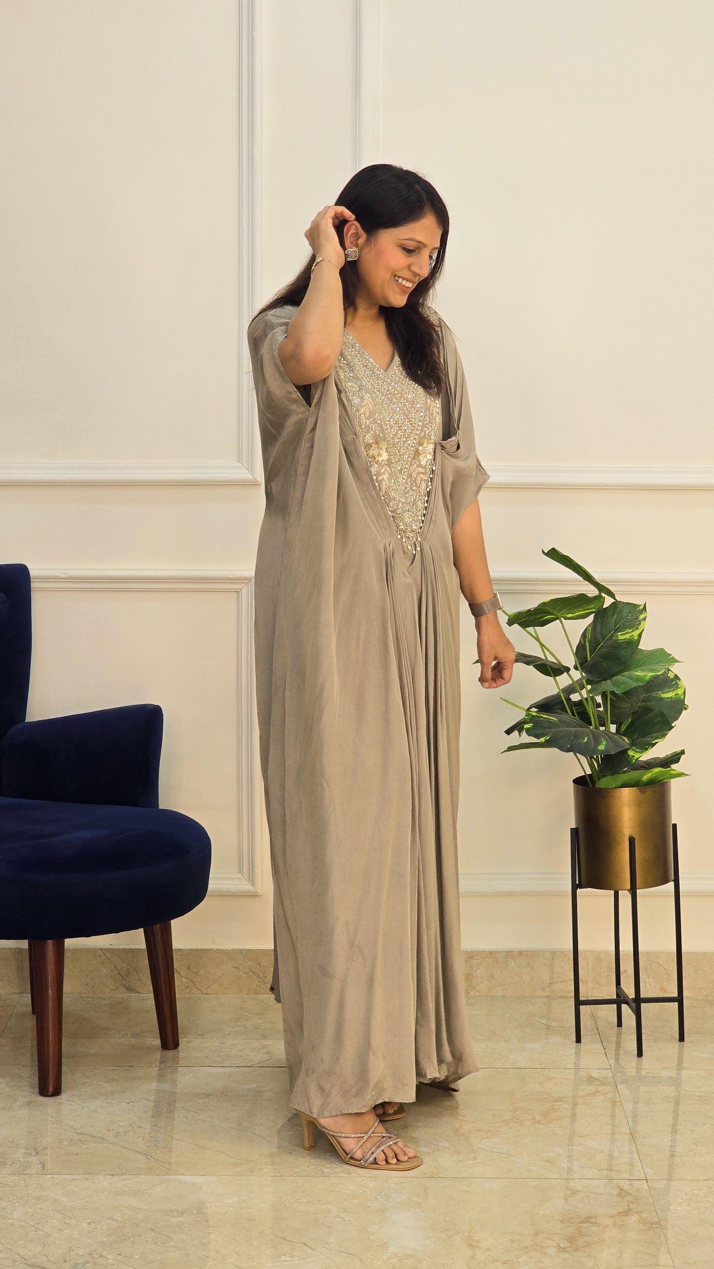 Grey Embellished Long kaftan Dress