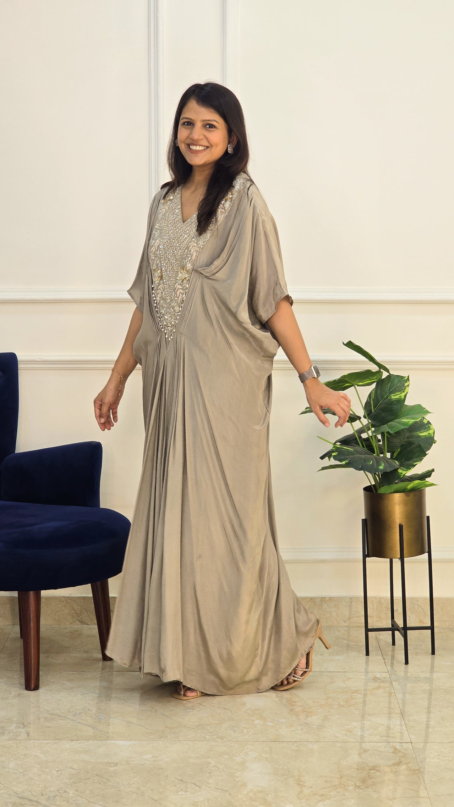 Grey Embellished Long kaftan Dress