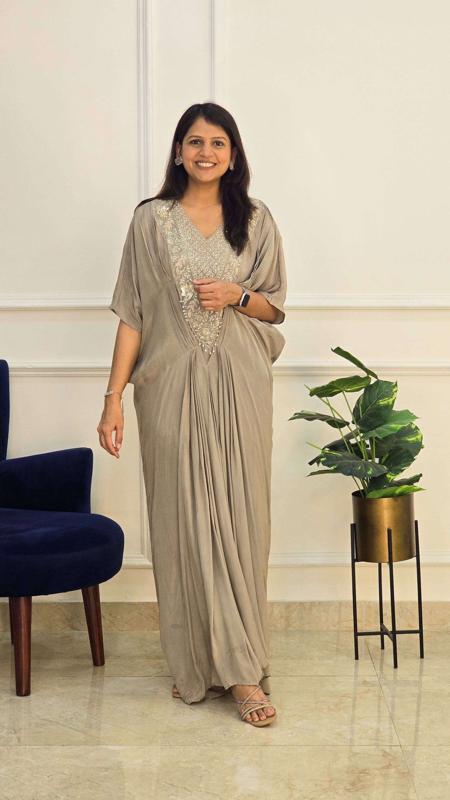 Grey Embellished Long kaftan Dress