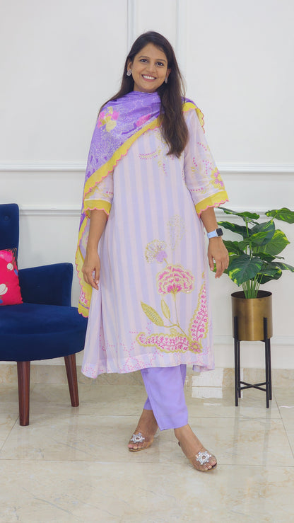 Lilac Stripe  Embroidered Mul Chanderi Suit Set