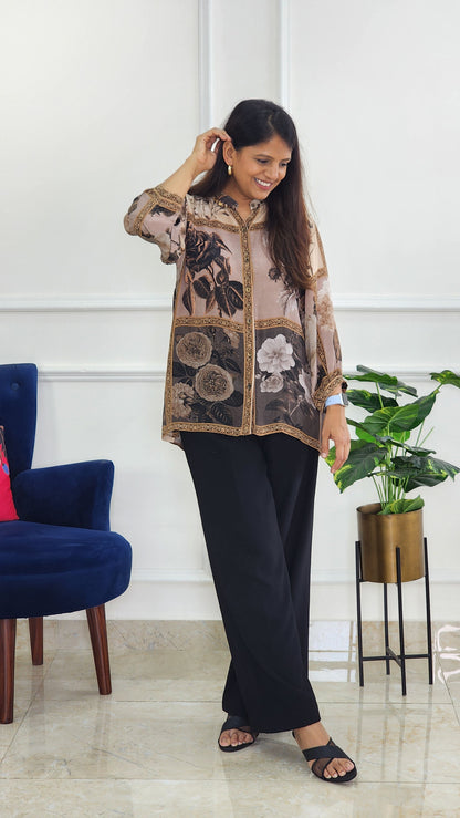 Brown Crepe Floral Shirt