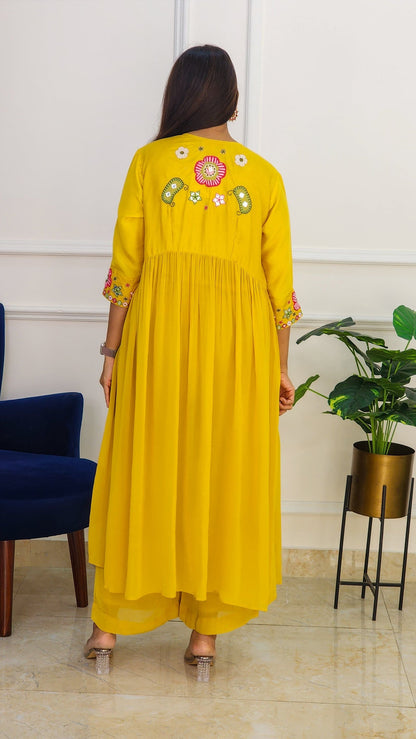 Mustard Multi Color Embroidered Flare Set