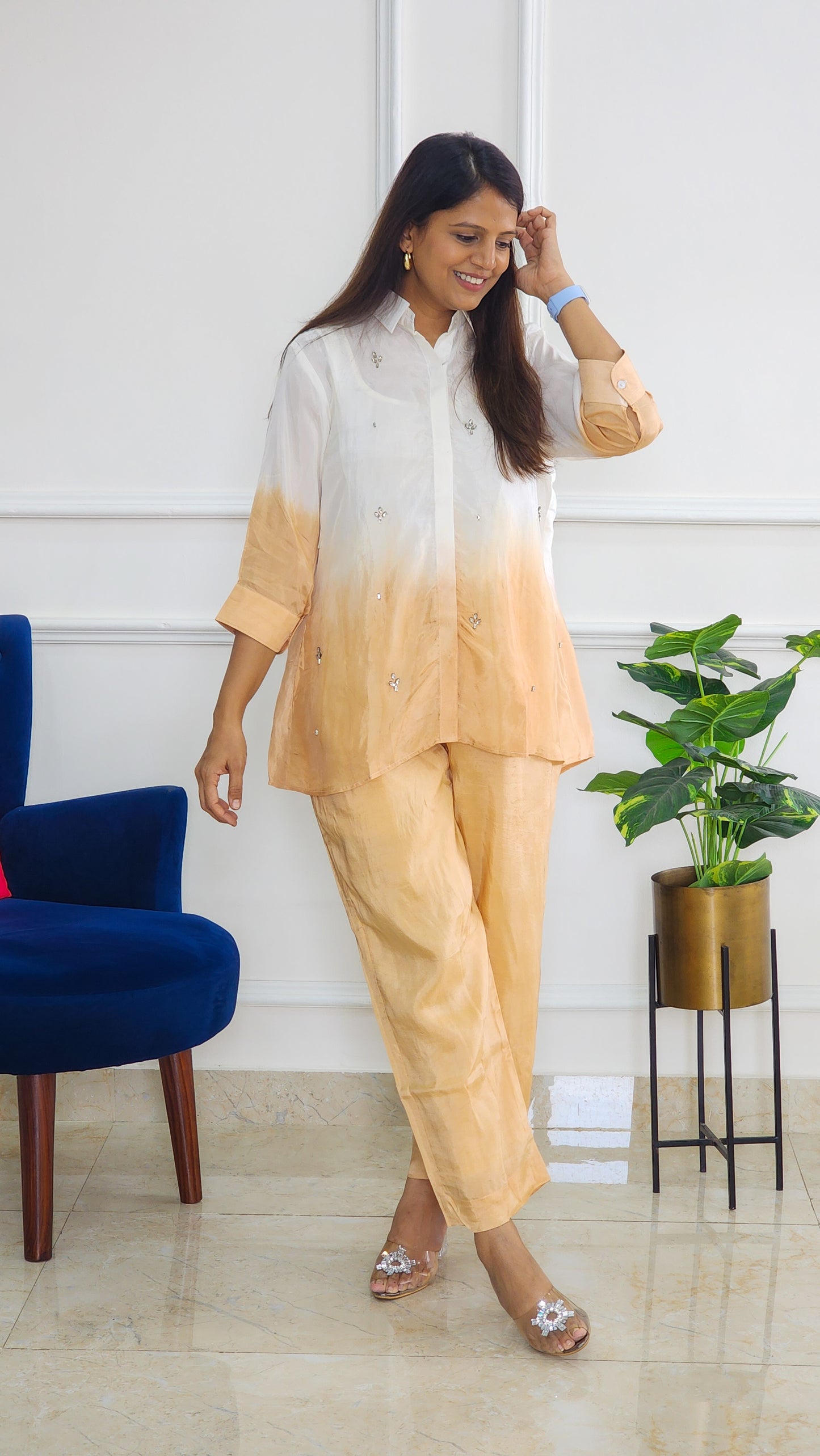Cinnamon Ombre Shirt And Pants with Stone Details
