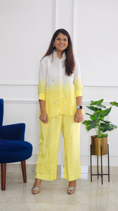 Yellow Ombre Shirt And Pants with Stone Details