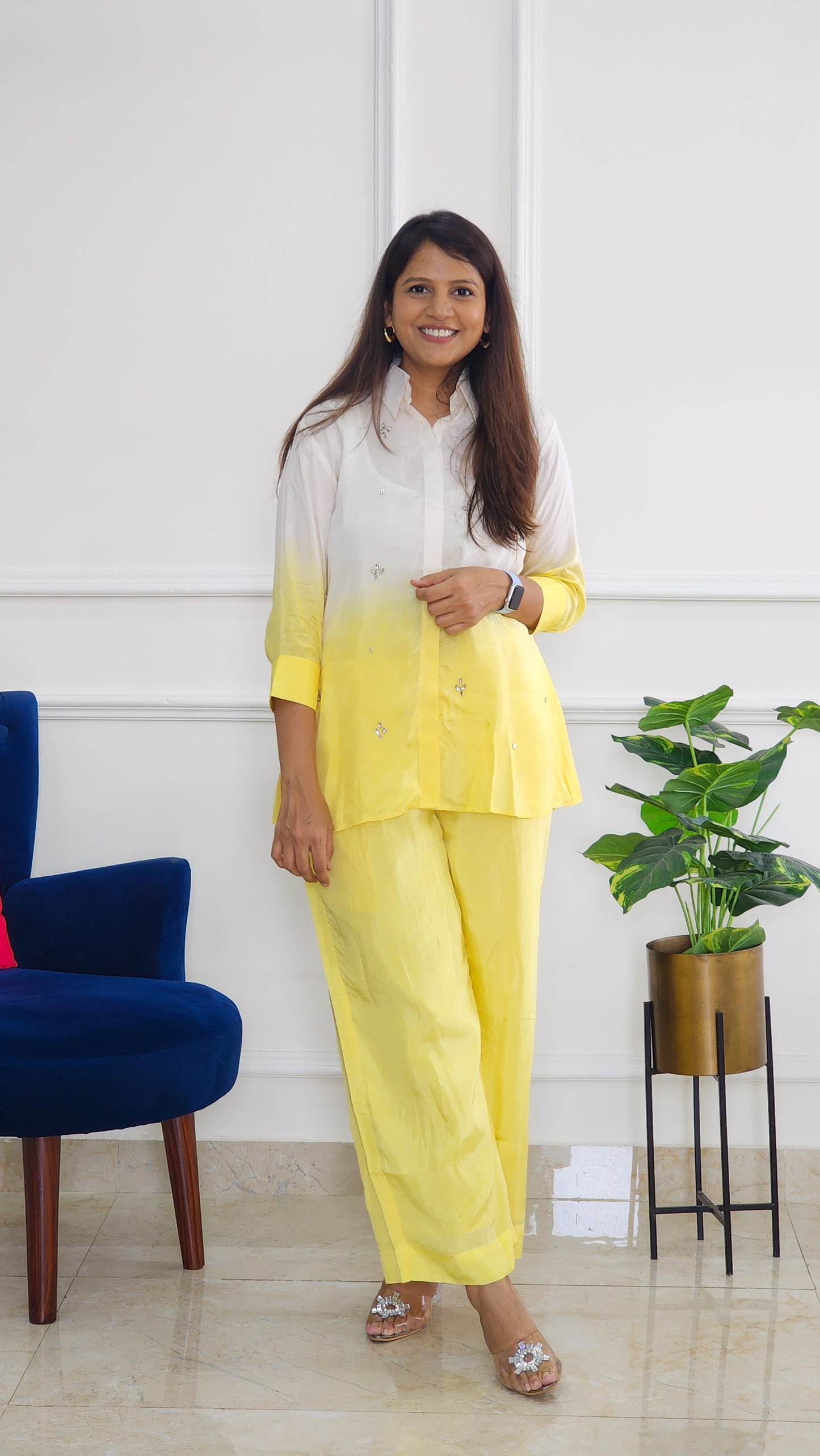 Yellow Ombre Shirt And Pants with Stone Details