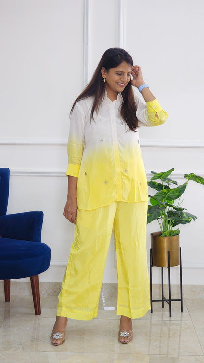 Yellow Ombre Shirt And Pants with Stone Details