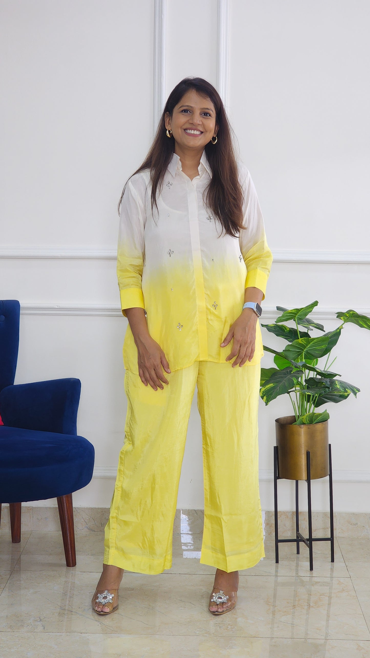 Yellow Ombre Shirt And Pants with Stone Details